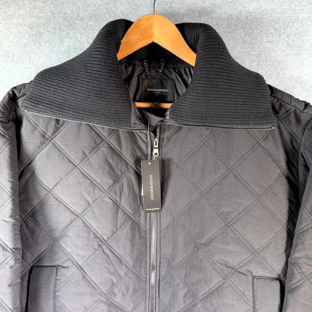 Banana Republic Quilted Jacket Mens Large Black Oversized Nylon Full Zip Pockets